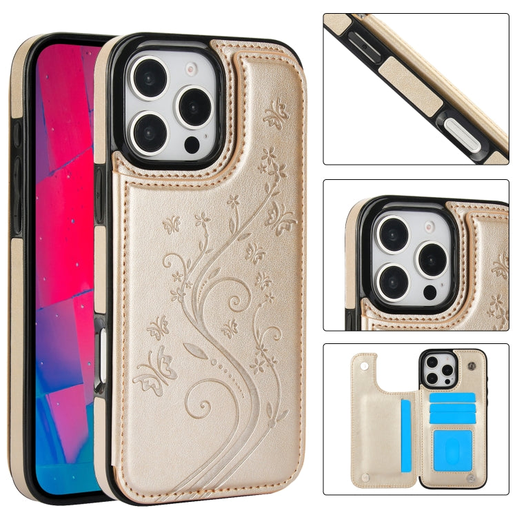 For iPhone 16 Pro Max Double Buckle Butterfly Embossing PU Phone Case(Gold) by buy2fix