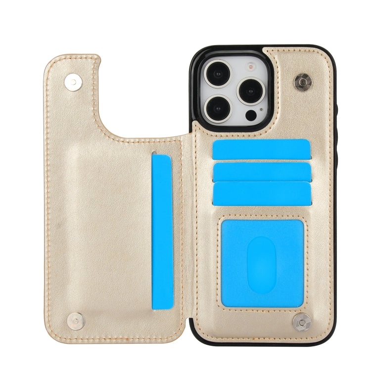 For iPhone 16 Pro Max Double Buckle Butterfly Embossing PU Phone Case(Gold) by buy2fix