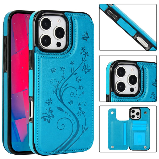 For iPhone 16 Pro Max Double Buckle Butterfly Embossing PU Phone Case(Blue) by buy2fix
