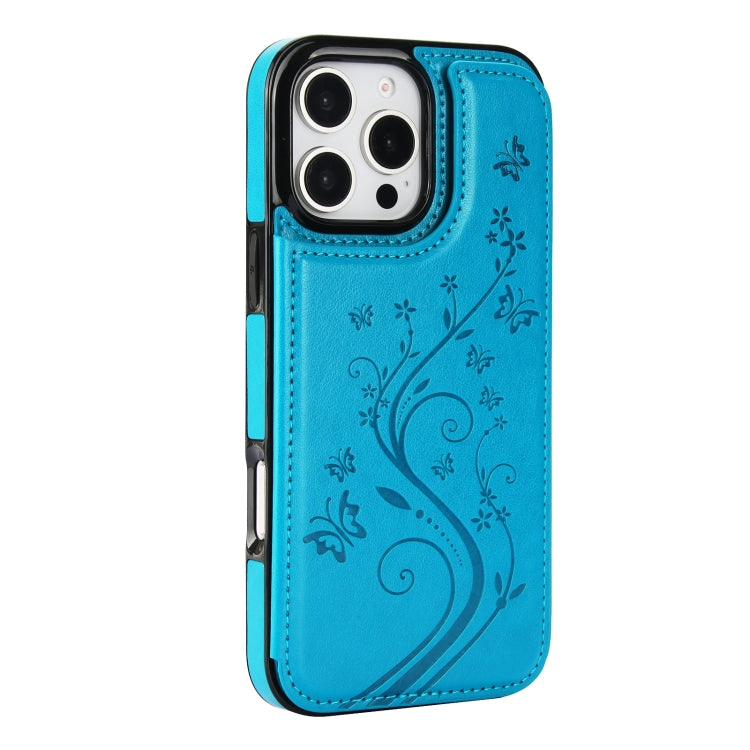 For iPhone 16 Pro Max Double Buckle Butterfly Embossing PU Phone Case(Blue) by buy2fix