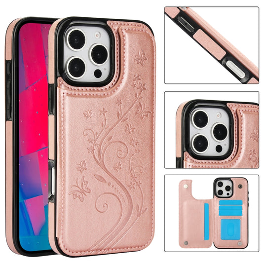For iPhone 16 Pro Max Double Buckle Butterfly Embossing PU Phone Case(Rose Gold) by buy2fix