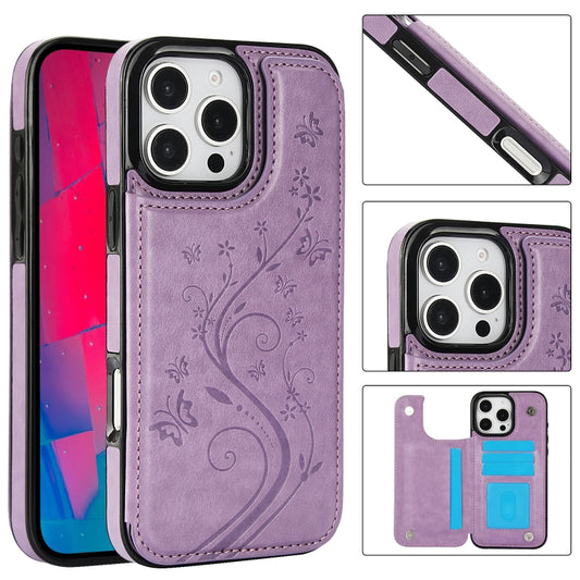 For iPhone 16 Pro Max Double Buckle Butterfly Embossing PU Phone Case(Purple) by buy2fix