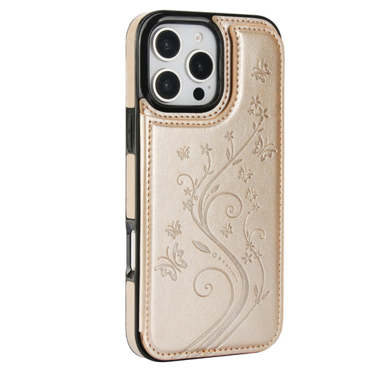 For iPhone 16 Pro Double Buckle Butterfly Embossing PU Phone Case(Gold) by buy2fix