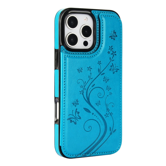 For iPhone 16 Pro Double Buckle Butterfly Embossing PU Phone Case(Blue) by buy2fix