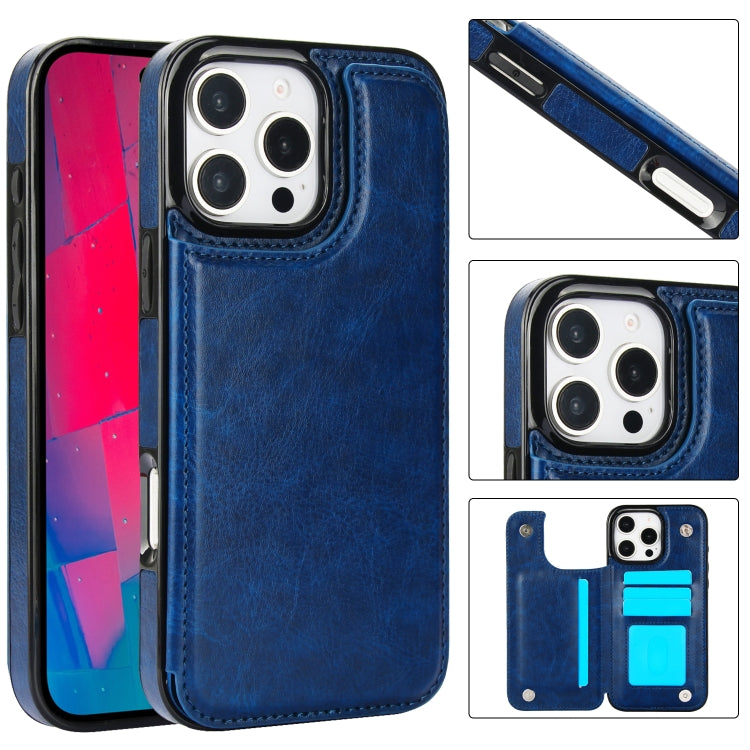 For iPhone 16 Pro Max Double Buckle Crazy Horse Texture PU Phone Case(Blue) by buy2fix