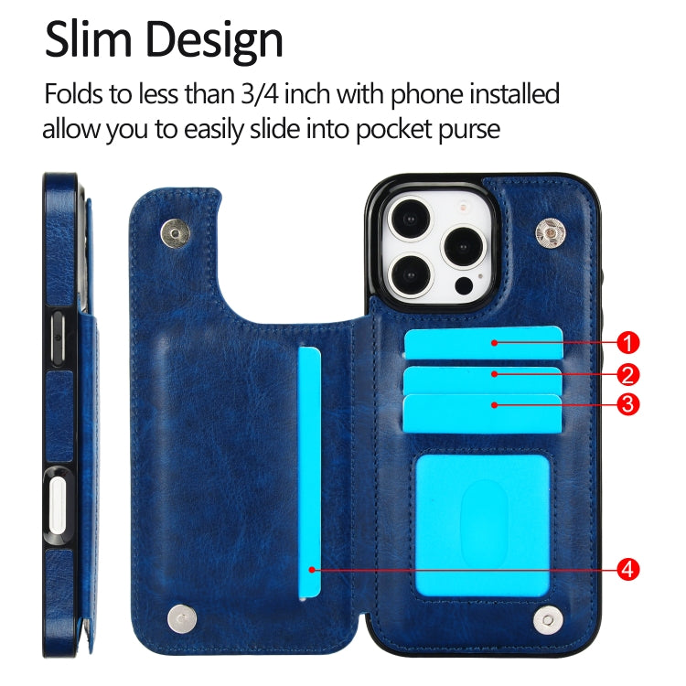 For iPhone 16 Pro Max Double Buckle Crazy Horse Texture PU Phone Case(Blue) by buy2fix