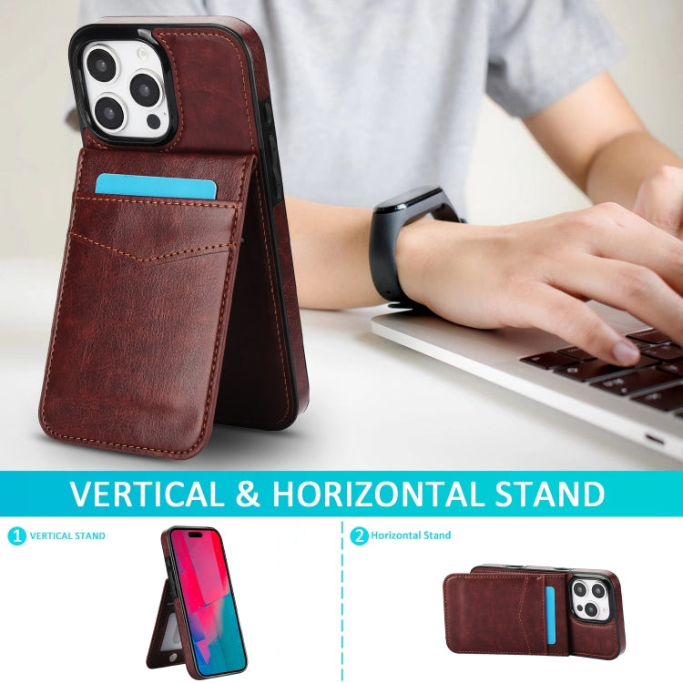 For iPhone 16 Pro Max Solid Color Card Slots Bracket PU Phone Case(Brown) by buy2fix