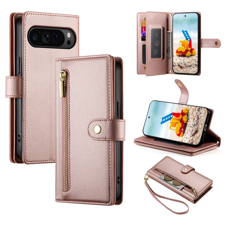 For Google Pixel 9 Pro XL Nine Card-slot Zipper Wallet Bag Leather Phone Case(Pink) by buy2fix