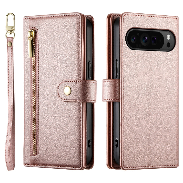 For Google Pixel 9 Pro XL Nine Card-slot Zipper Wallet Bag Leather Phone Case(Pink) by buy2fix