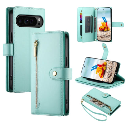 For Google Pixel 9 Pro XL Nine Card-slot Zipper Wallet Bag Leather Phone Case(Mint Green) by buy2fix