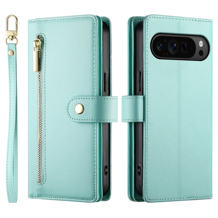 For Google Pixel 9 Pro XL Nine Card-slot Zipper Wallet Bag Leather Phone Case(Mint Green) by buy2fix