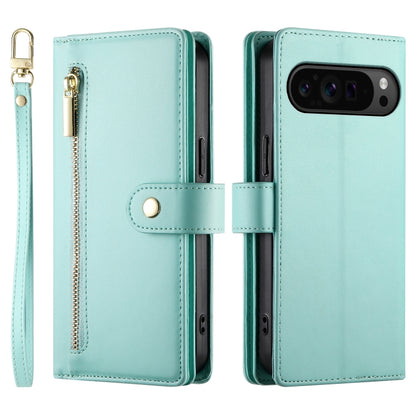 For Google Pixel 9 Pro XL Nine Card-slot Zipper Wallet Bag Leather Phone Case(Mint Green) by buy2fix