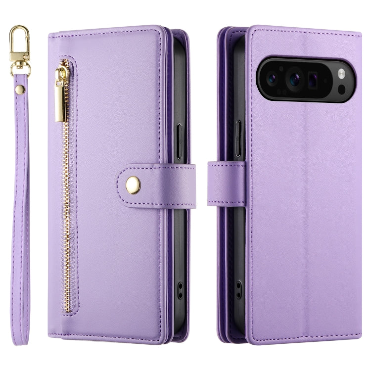 For Google Pixel 9 Pro XL Nine Card-slot Zipper Wallet Bag Leather Phone Case(Purple) by buy2fix