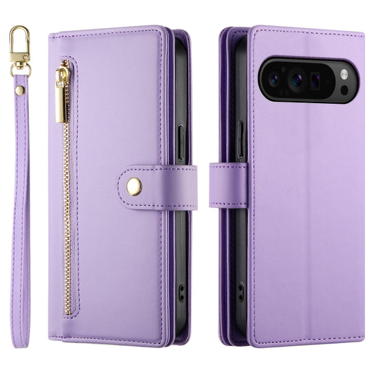 For Google Pixel 9 Pro XL Nine Card-slot Zipper Wallet Bag Leather Phone Case(Purple) by buy2fix