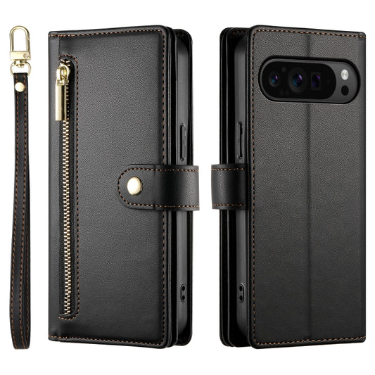 For Google Pixel 9 Pro XL Nine Card-slot Zipper Wallet Bag Leather Phone Case(Black) - Google Cases by buy2fix | Online Shopping UK | buy2fix