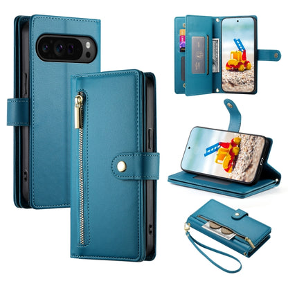 For Google Pixel 9 Pro XL Nine Card-slot Zipper Wallet Bag Leather Phone Case(Blue) by buy2fix