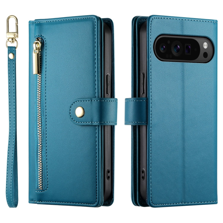 For Google Pixel 9 Pro XL Nine Card-slot Zipper Wallet Bag Leather Phone Case(Blue) by buy2fix