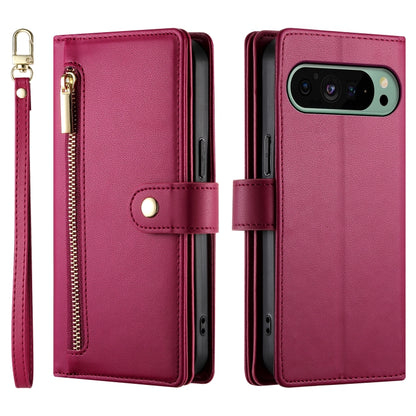 For Google Pixel 9 / 9 Pro Nine Card-slot Zipper Wallet Bag Leather Phone Case(Red) by buy2fix