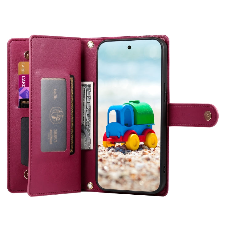 For Google Pixel 9 / 9 Pro Nine Card-slot Zipper Wallet Bag Leather Phone Case(Red) by buy2fix