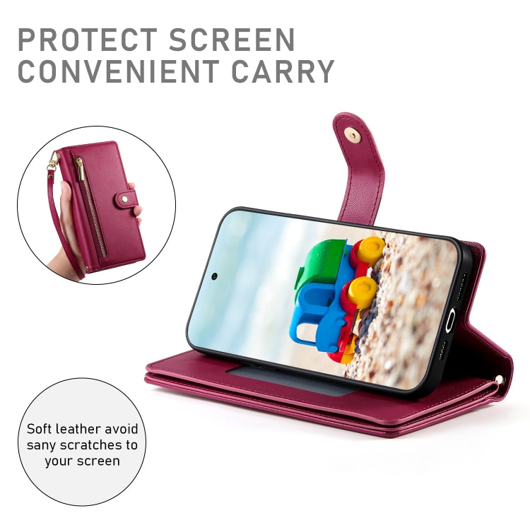 For Google Pixel 9 / 9 Pro Nine Card-slot Zipper Wallet Bag Leather Phone Case(Red) by buy2fix