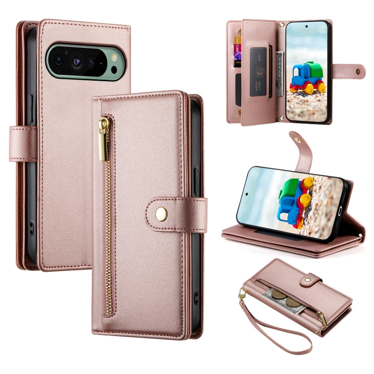 For Google Pixel 9 / 9 Pro Nine Card-slot Zipper Wallet Bag Leather Phone Case(Pink) by buy2fix