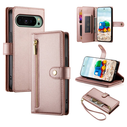 For Google Pixel 9 / 9 Pro Nine Card-slot Zipper Wallet Bag Leather Phone Case(Pink) by buy2fix