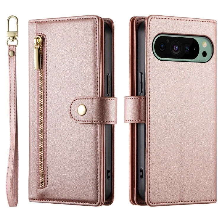 For Google Pixel 9 / 9 Pro Nine Card-slot Zipper Wallet Bag Leather Phone Case(Pink) by buy2fix