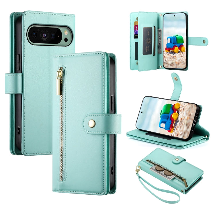 For Google Pixel 9 / 9 Pro Nine Card-slot Zipper Wallet Bag Leather Phone Case(Mint Green) by buy2fix