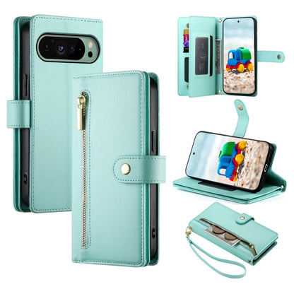 For Google Pixel 9 / 9 Pro Nine Card-slot Zipper Wallet Bag Leather Phone Case(Mint Green) by buy2fix