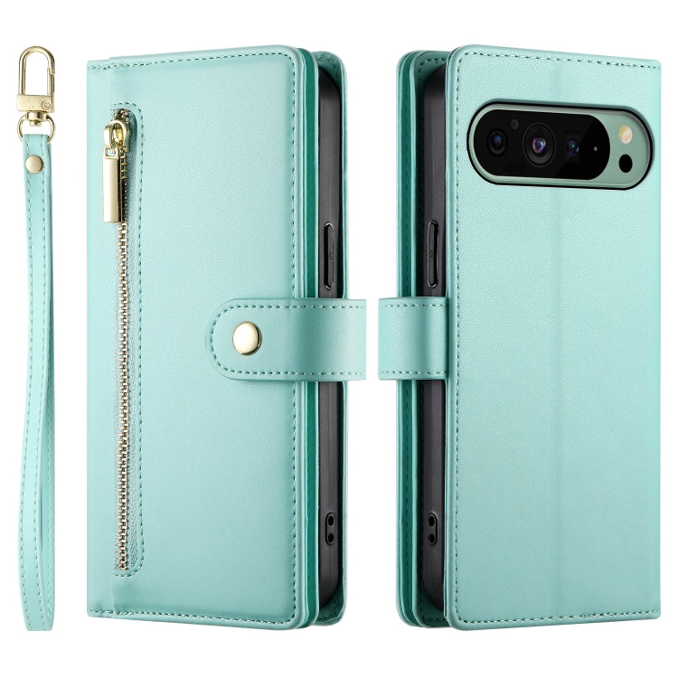 For Google Pixel 9 / 9 Pro Nine Card-slot Zipper Wallet Bag Leather Phone Case(Mint Green) by buy2fix