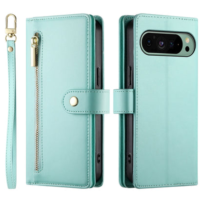 For Google Pixel 9 / 9 Pro Nine Card-slot Zipper Wallet Bag Leather Phone Case(Mint Green) by buy2fix