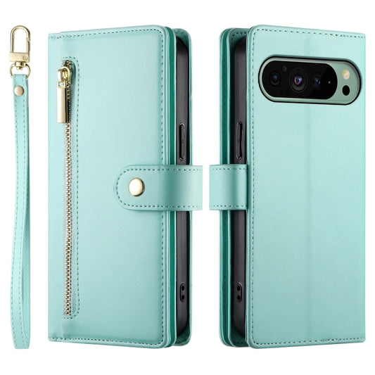 For Google Pixel 9 / 9 Pro Nine Card-slot Zipper Wallet Bag Leather Phone Case(Mint Green) by buy2fix