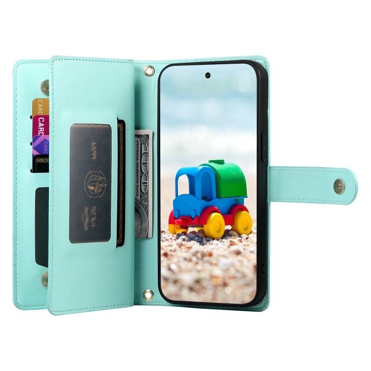 For Google Pixel 9 / 9 Pro Nine Card-slot Zipper Wallet Bag Leather Phone Case(Mint Green) by buy2fix