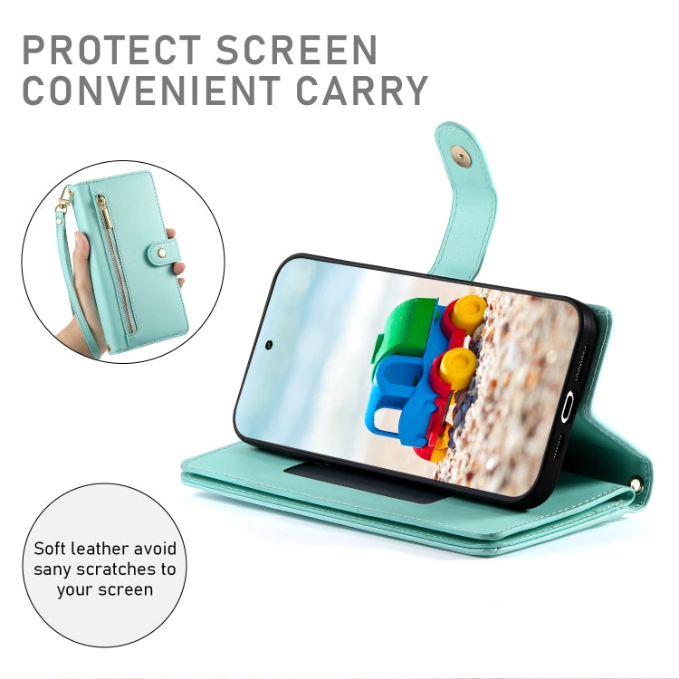 For Google Pixel 9 / 9 Pro Nine Card-slot Zipper Wallet Bag Leather Phone Case(Mint Green) by buy2fix