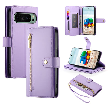 For Google Pixel 9 / 9 Pro Nine Card-slot Zipper Wallet Bag Leather Phone Case(Purple) by buy2fix