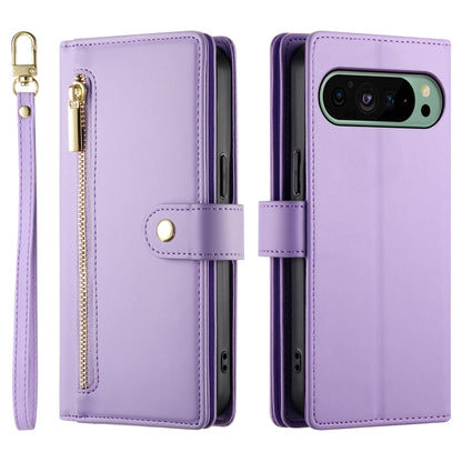 For Google Pixel 9 / 9 Pro Nine Card-slot Zipper Wallet Bag Leather Phone Case(Purple) by buy2fix
