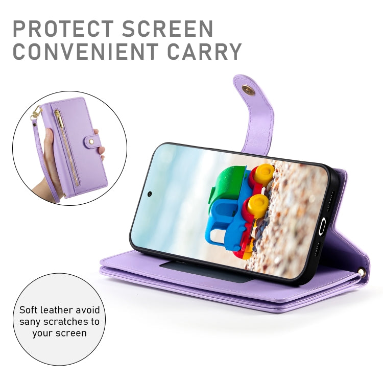 For Google Pixel 9 / 9 Pro Nine Card-slot Zipper Wallet Bag Leather Phone Case(Purple) by buy2fix