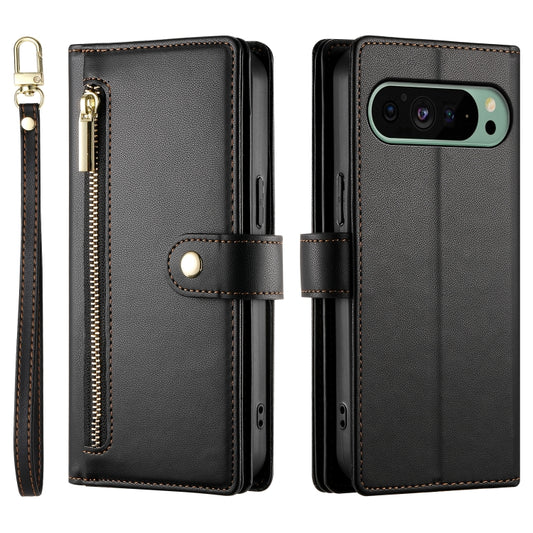 For Google Pixel 9 / 9 Pro Nine Card-slot Zipper Wallet Bag Leather Phone Case(Black) by buy2fix