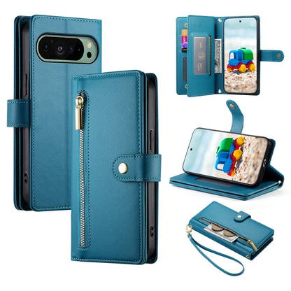 For Google Pixel 9 / 9 Pro Nine Card-slot Zipper Wallet Bag Leather Phone Case(Blue) by buy2fix