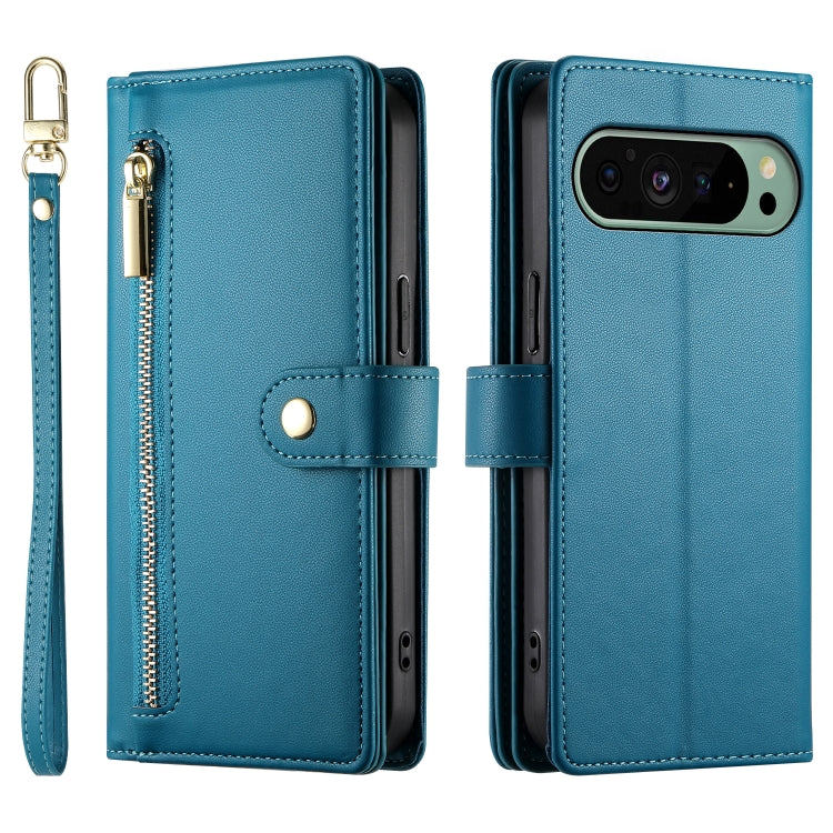 For Google Pixel 9 / 9 Pro Nine Card-slot Zipper Wallet Bag Leather Phone Case(Blue) by buy2fix