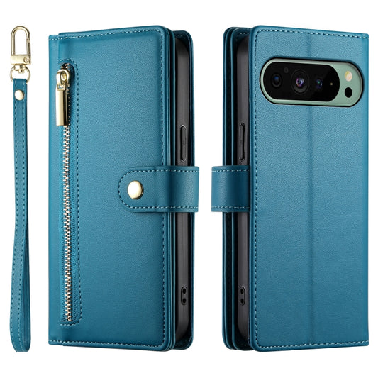 For Google Pixel 9 / 9 Pro Nine Card-slot Zipper Wallet Bag Leather Phone Case(Blue) by buy2fix