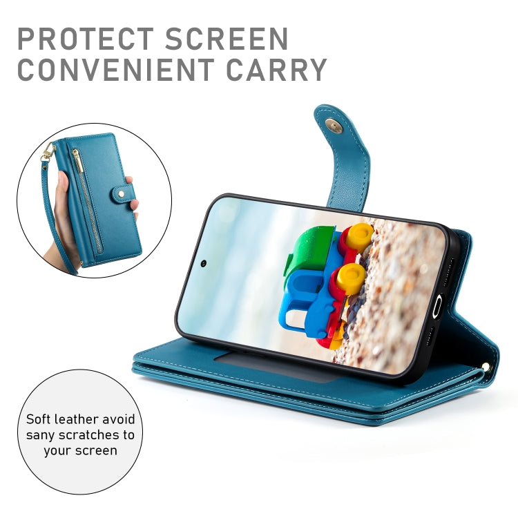 For Google Pixel 9 / 9 Pro Nine Card-slot Zipper Wallet Bag Leather Phone Case(Blue) by buy2fix