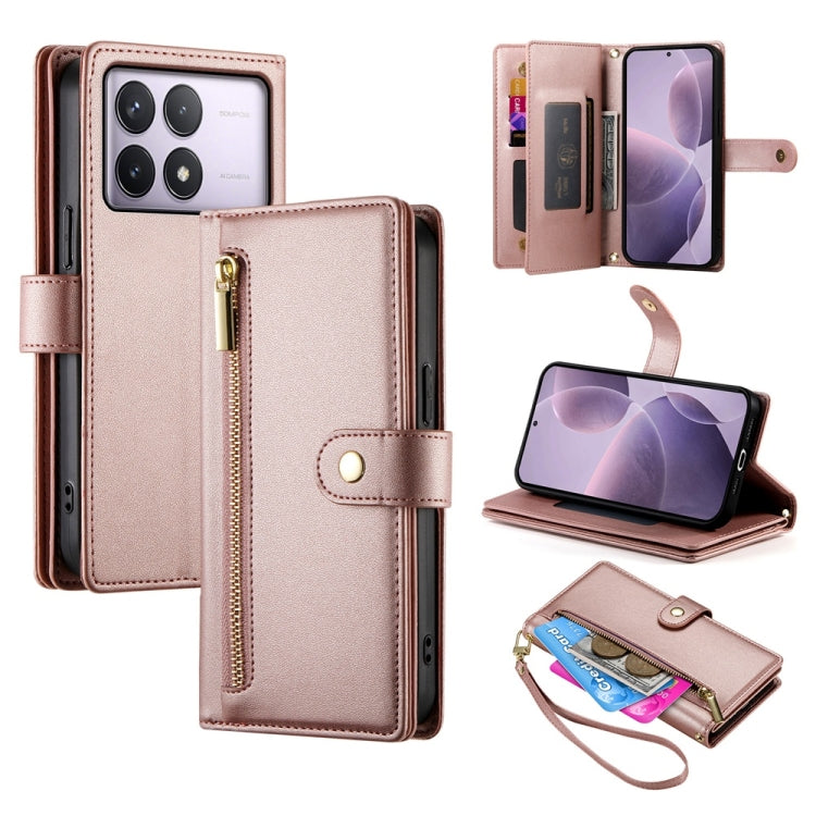 For Redmi K70 Nine Card-slot Zipper Wallet Bag Leather Phone Case(Pink) by buy2fix