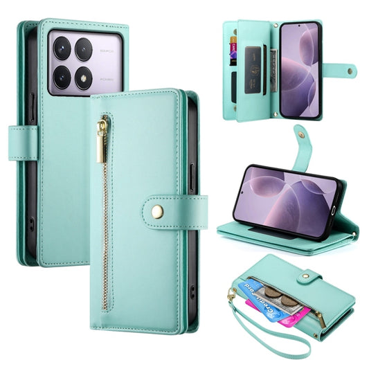 For Redmi K70 Nine Card-slot Zipper Wallet Bag Leather Phone Case(Mint Green) - Xiaomi Cases by buy2fix | Online Shopping UK | buy2fix