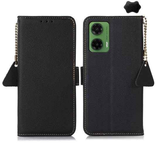 For Motorola Moto G35 Side-Magnetic TJ Genuine Leather RFID Phone Case(Black) - Motorola Cases by buy2fix | Online Shopping UK | buy2fix