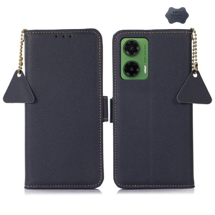 For Motorola Moto G35 Side-Magnetic TJ Genuine Leather RFID Phone Case(Blue) - Motorola Cases by buy2fix | Online Shopping UK | buy2fix