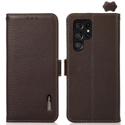 For Samsung Galaxy S25 Ultra 5G KHAZNEH Side-Magnetic Litchi Genuine Leather RFID Phone Case(Brown) by buy2fix