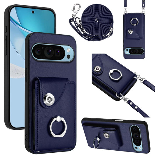 For Google Pixel 9 / 9 Pro Organ Card Bag Ring Holder Phone Case with Long Lanyard(Blue) by buy2fix