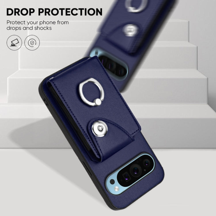 For Google Pixel 9 / 9 Pro Organ Card Bag Ring Holder Phone Case with Long Lanyard(Blue) by buy2fix