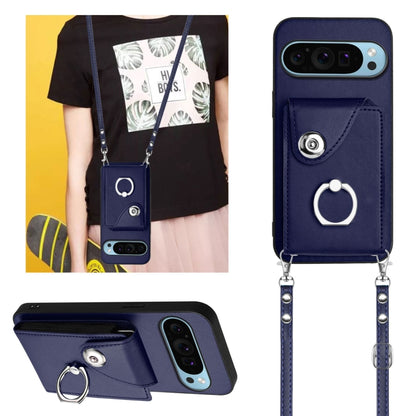 For Google Pixel 9 / 9 Pro Organ Card Bag Ring Holder Phone Case with Long Lanyard(Blue) by buy2fix